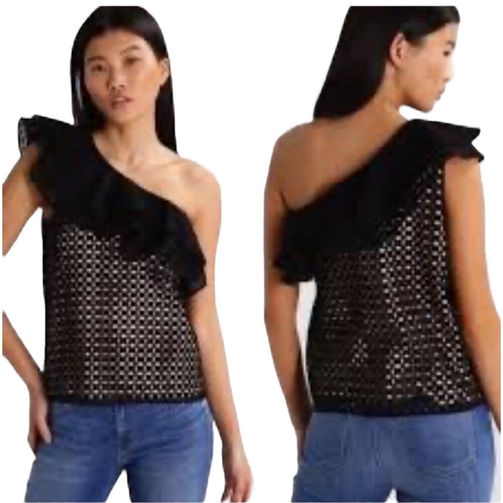 J. Crew Size 4 One Shoulder Ruffled Eyelet Black and Beige Top Shirt 100% Cotton